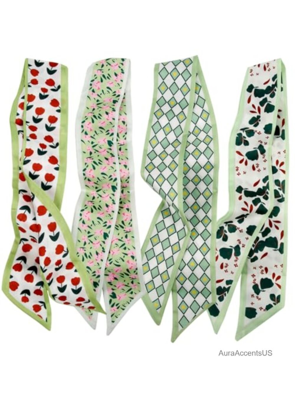 4pc Satin Fashion Scarves Set Boho Headbands Hair Accessories Bag Ties